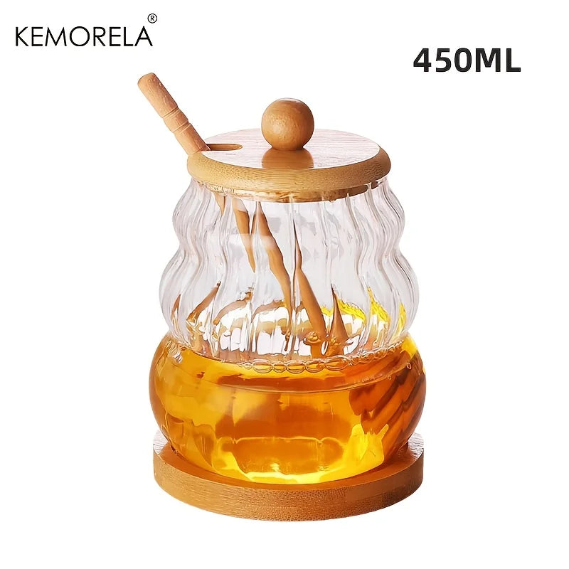 KEMORELA Glass Honey Jar with Wooden Spoon & Lid – 330/450ML Glass Honey Jar Axl Large