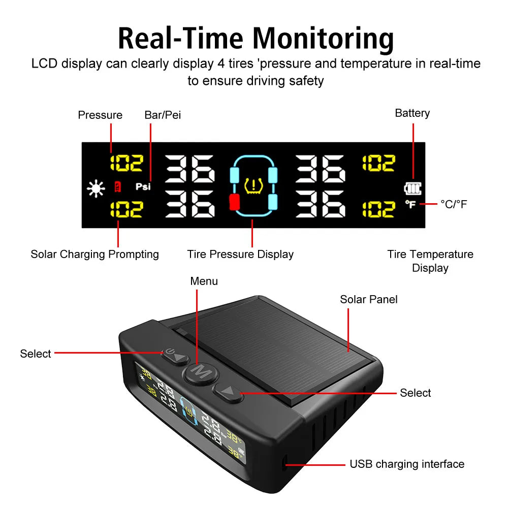 Solar TPMS Car Tire Pressure Monitor – 4 External Sensors Tire Pressure Monitor Axl