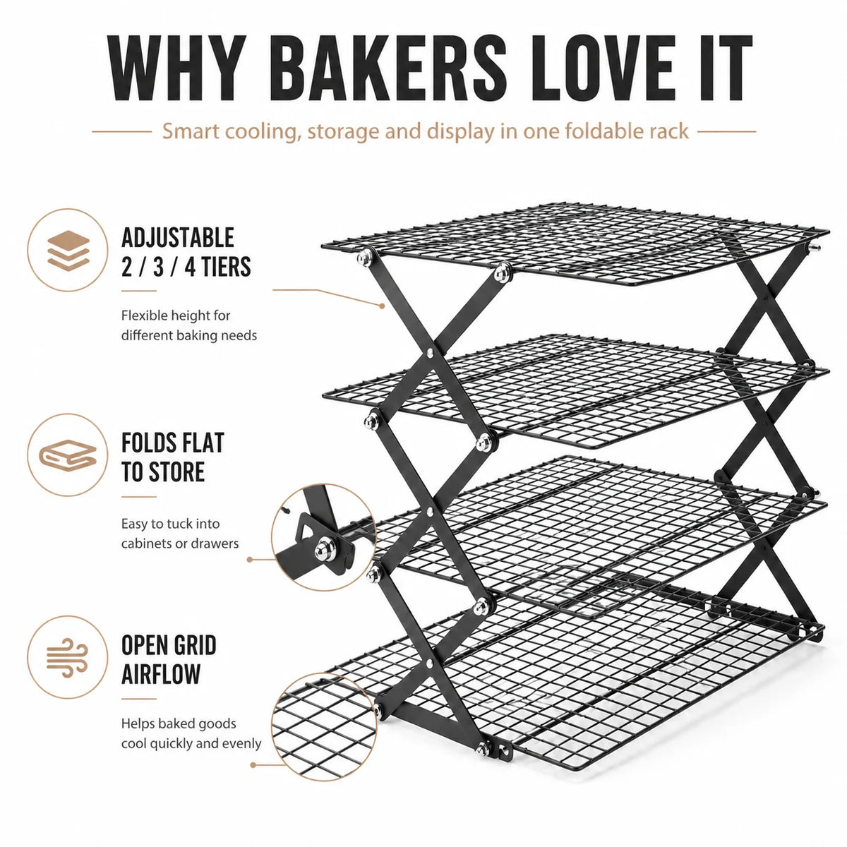 Foldable 2/3/4 Tier Cooling Rack – Stackable Wire Grid Baking Stand Baking Cooling Rack Axl