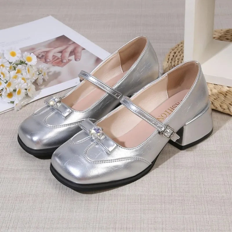 Women's Square Toe Mary Jane Flats | Belt Buckle Strap Mary Jane Flats Axl 36 Silver