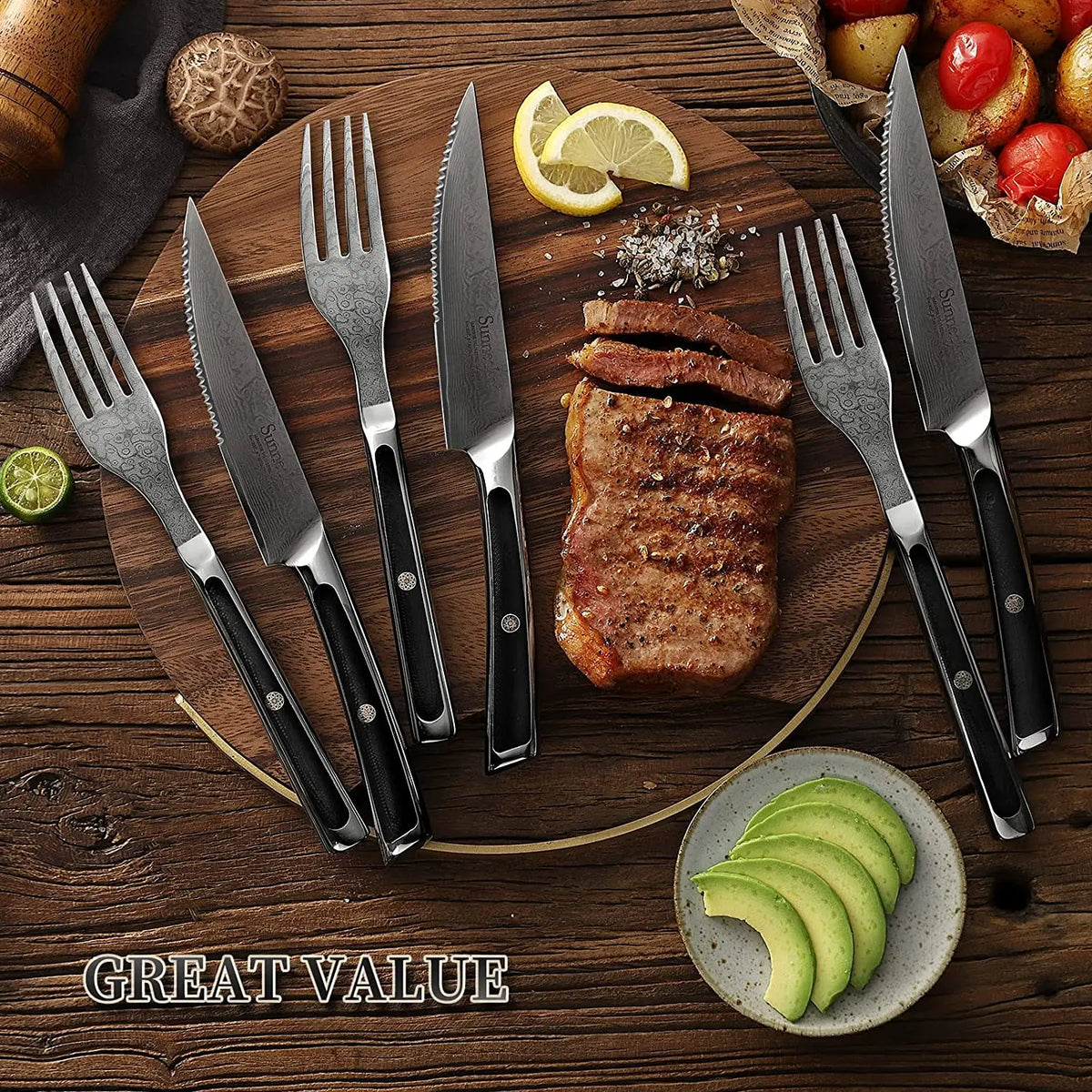 Sunnecko 6-Pc Damascus Steel Steak Knife & Fork Set | VG10 Steak Knife Set Axl China Mainland