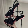 Women's Satin Color Block High Heel Sandals | Open Toe Buckle High Heel Sandals Axl 38 black