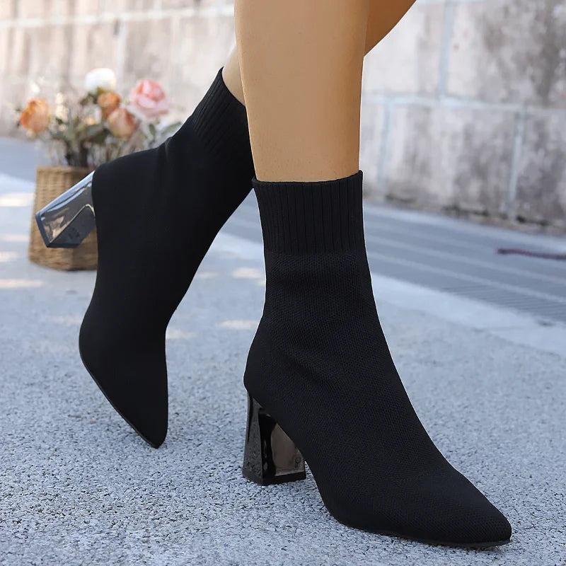 Women's Knitted Sock Ankle Boots | Pointed Toe Square Heel Sock Ankle Boots Axl