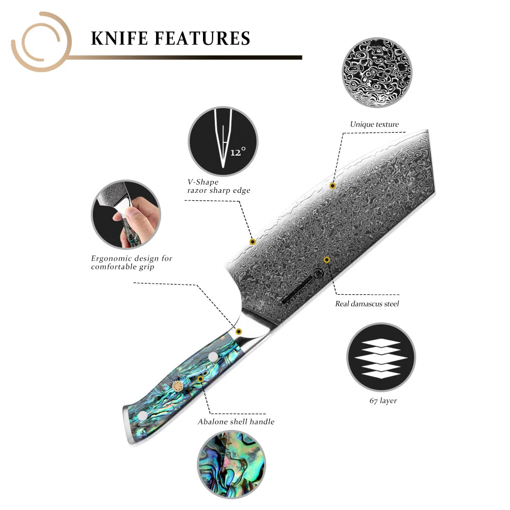 Grandsharp 7" Damascus Steel Cleaver – Abalone Shell Handle Damascus Cleaver Knife Axl