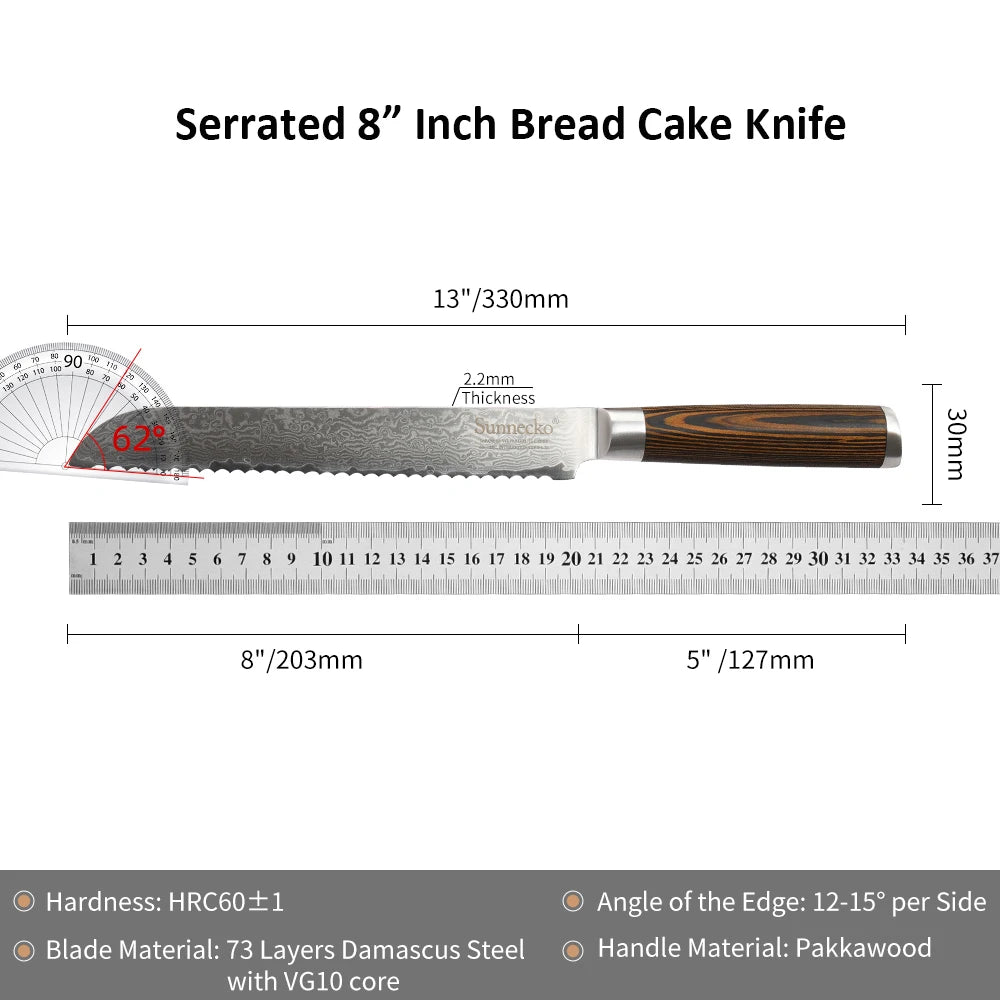 Sunnecko 8" Damascus Serrated Bread Knife – 73-Layer VG10 Steel Serrated Bread Knife Axl Bread Knife A China Mainland 8 inch