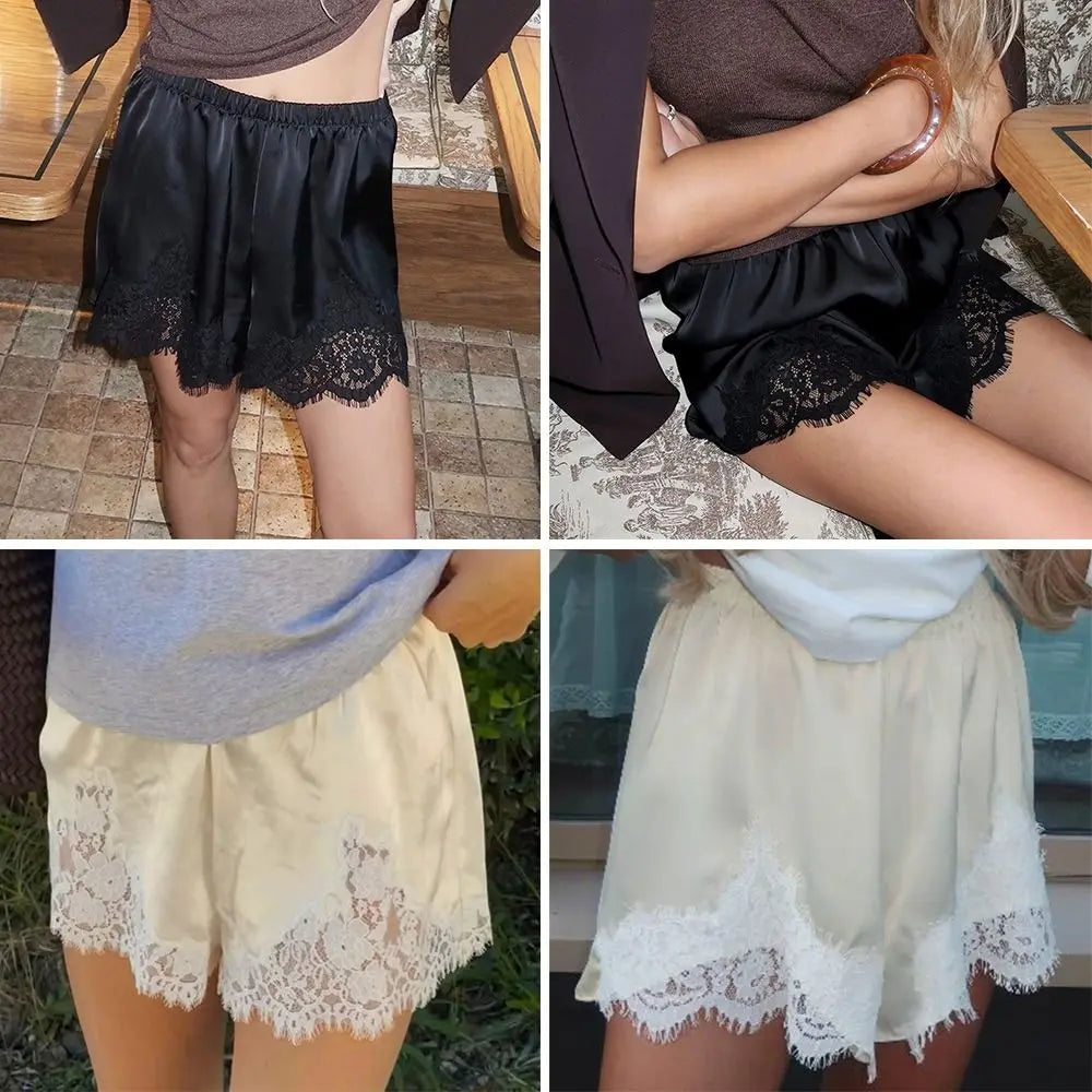 Women's Satin Lace Sleep Shorts – Elastic Waist Pajama Bottoms Pajama Sleep Shorts Axl