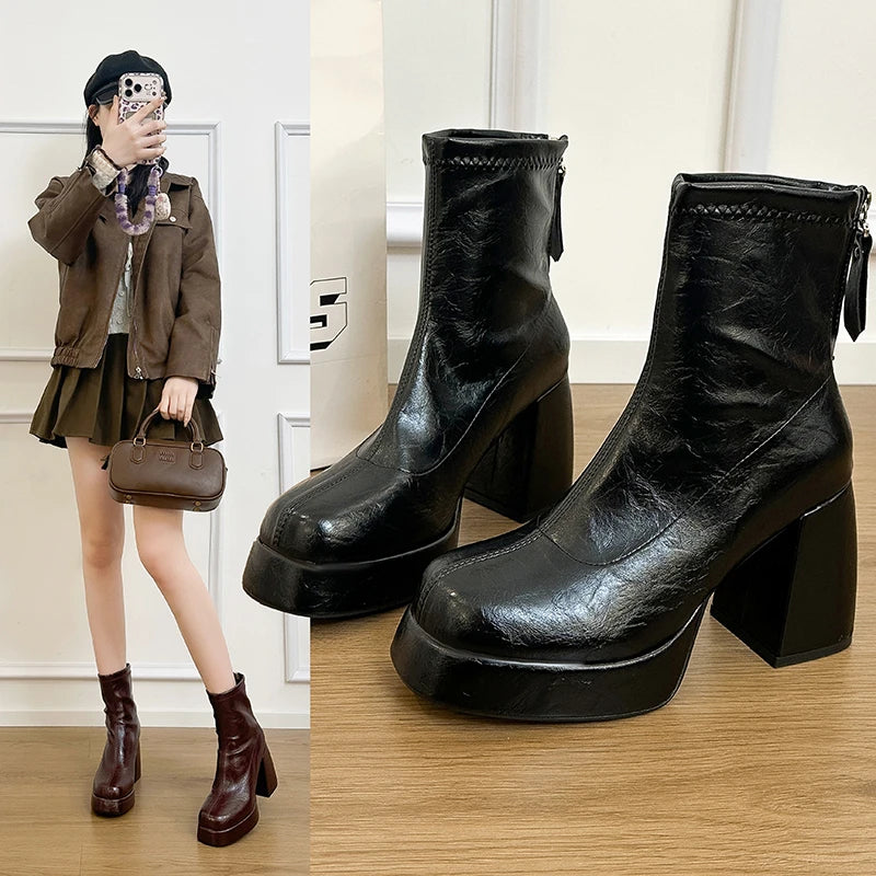 Women's Block Heel Ankle Boots | Square Toe Zip-Up Fashion Boots Women's Ankle Boots Axl