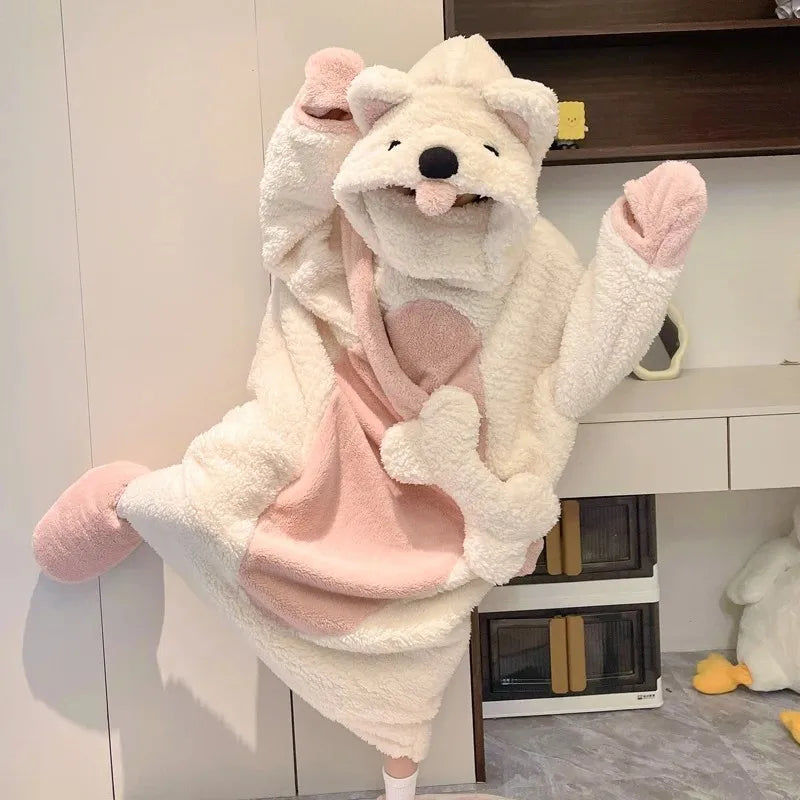 Cute Dog Cartoon Women's Fleece Hooded Pajama Set | Warm & Cozy Women's Fleece Pajamas Axl