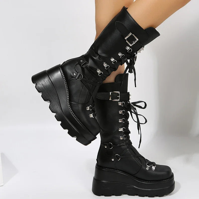 Women's Goth Platform Boots – Punk Rivet Wedge Mid-Calf Combat Platform Combat Boots Axl
