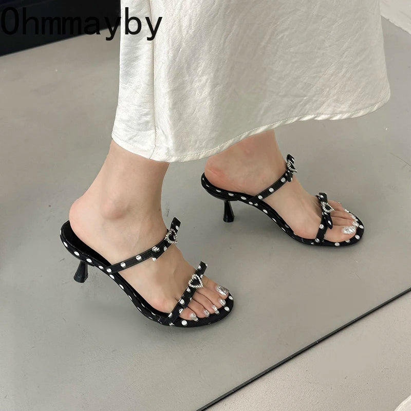 Rhinestone Kitten Heel Slippers – Polka Dot Women's Slides Kitten Heel Slippers Axl
