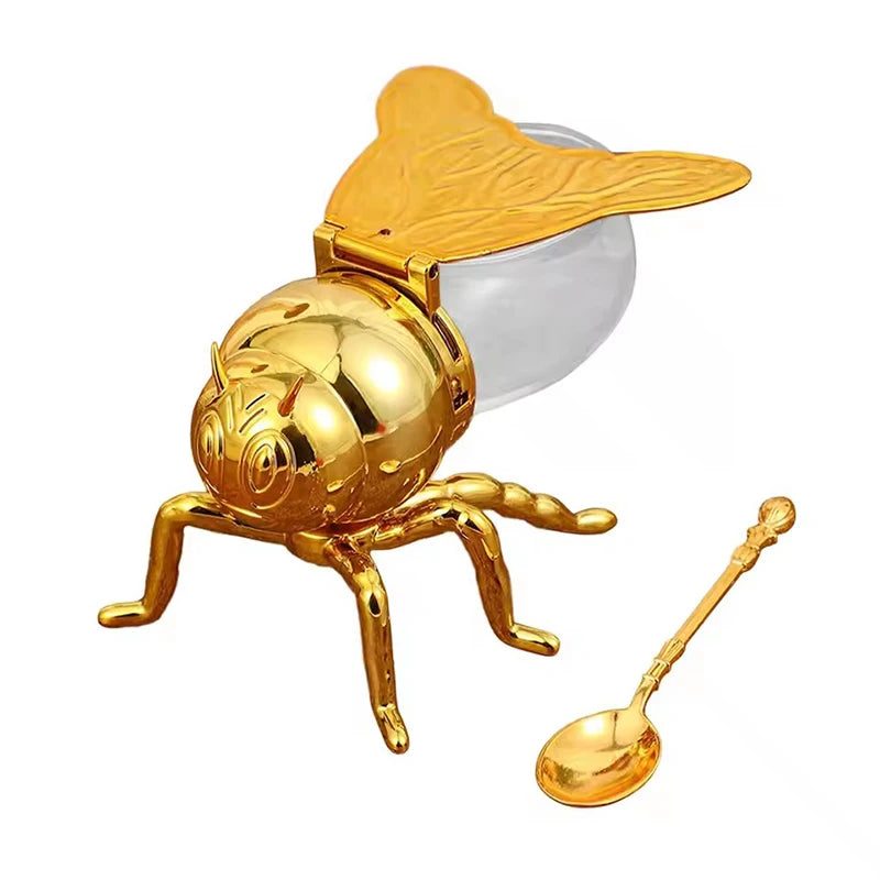 Bee Shaped Honey Jar with Spoon – Kitchen Decor Storage Honey Jar & Dispenser Axl Gold Style B
