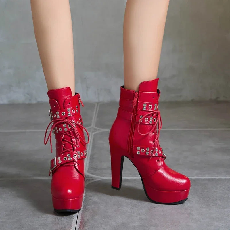 Women's Platform Ankle Boots – Square High Heel Zip Buckle Platform Ankle Boots Axl