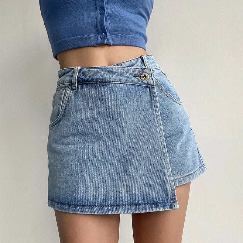 Women's High-Waist Denim Skort – Fake Two-Piece Jean Skirt Denim Skort Axl