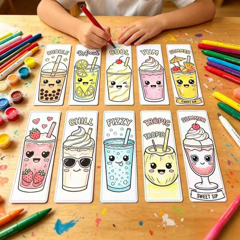 Kawaii Summer Beverage Coloring Bookmarks – DIY Cartoon Doodle Coloring Bookmarks Axl
