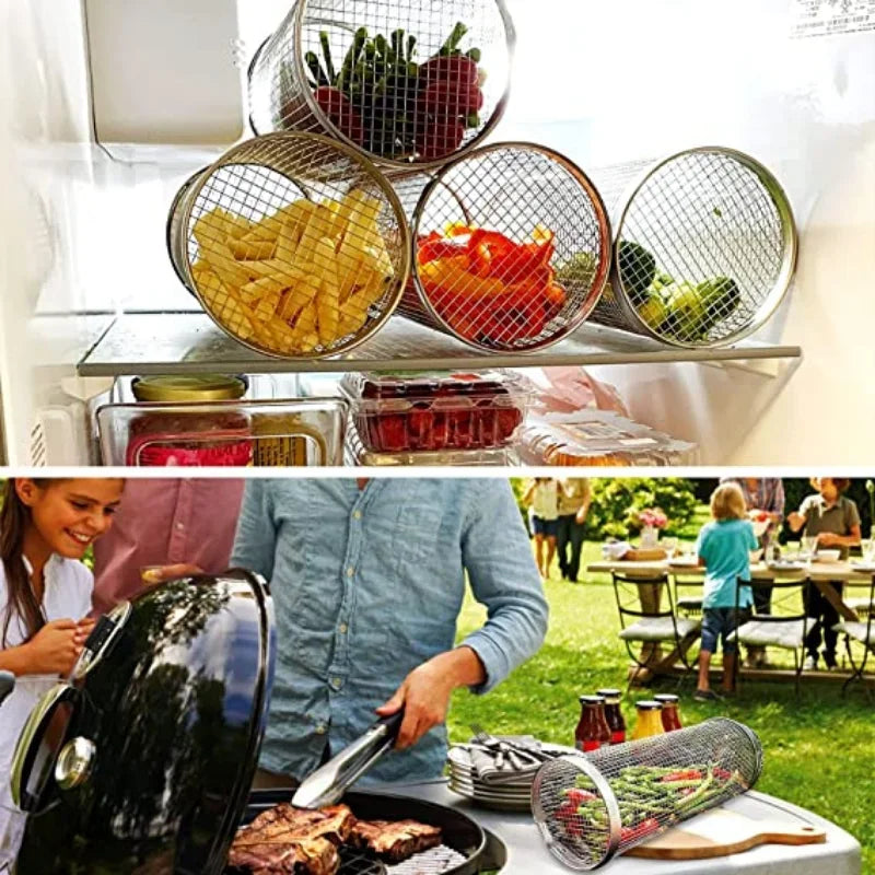 3-Piece Rolling BBQ Grill Basket Set – Stainless Steel Mesh Rack BBQ Grill Basket Axl