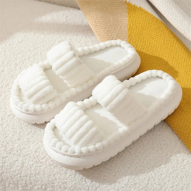 Women's Corduroy Plush Platform Slippers | Warm Furry Indoor Slides Women's Slippers Axl White 36-37