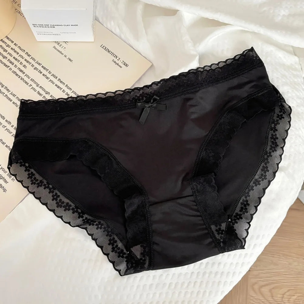 Women's Ice Silk Seamless Briefs – Lace Bow Cotton Crotch Panties Women's Briefs Axl Black 1XL 1pc