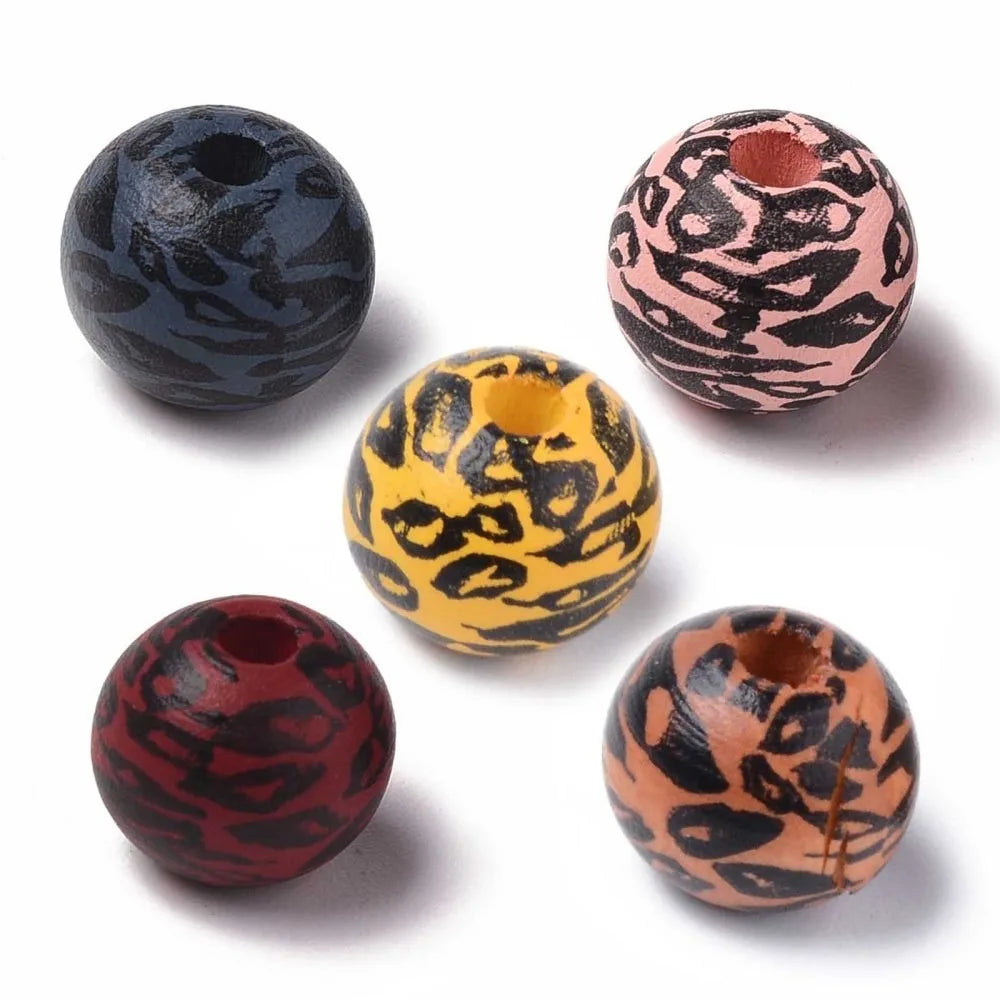 Leopard Print Round Wood Beads 10mm Mixed Color – 10 Pc Craft Beads Axl AECH04-19040