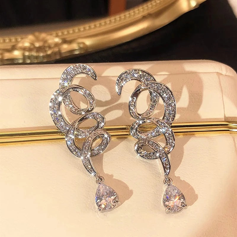 Huitan Ribbon Drop Earrings | Cubic Zirconia Pendant Jewelry Drop Earrings Axl