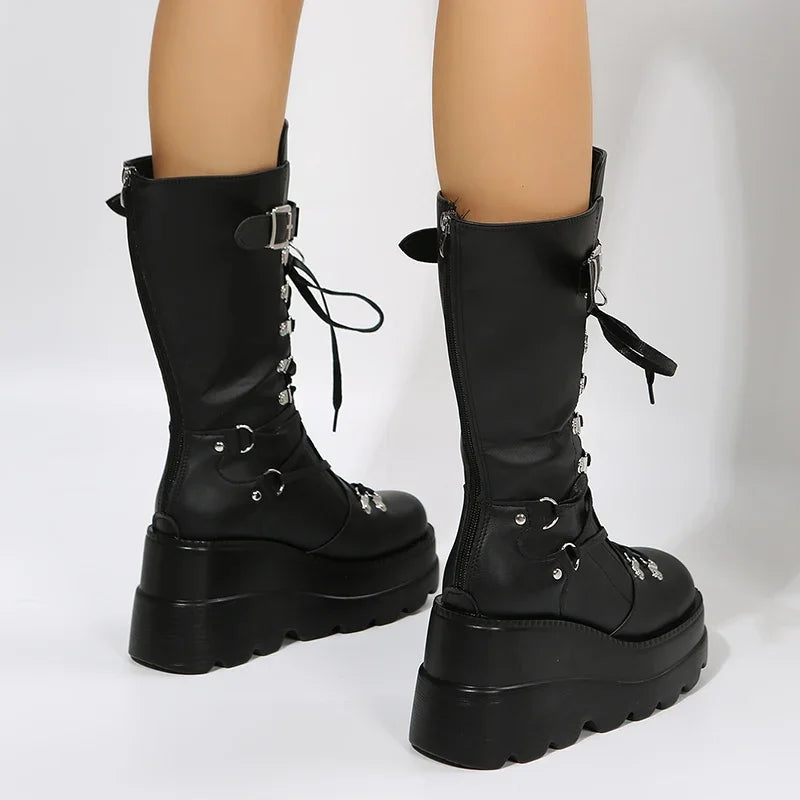 Women's Goth Platform Boots – Punk Rivet Wedge Mid-Calf Combat Platform Combat Boots Axl
