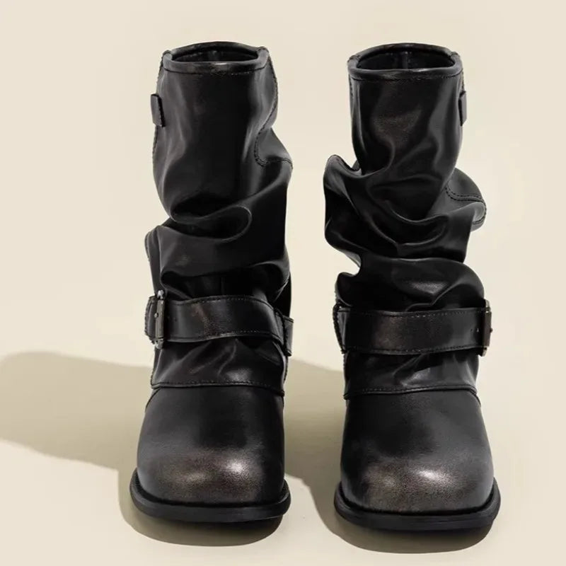 Women's Western Cowboy Boots – Metal Buckle Stacked Heel Western Cowboy Boots Axl