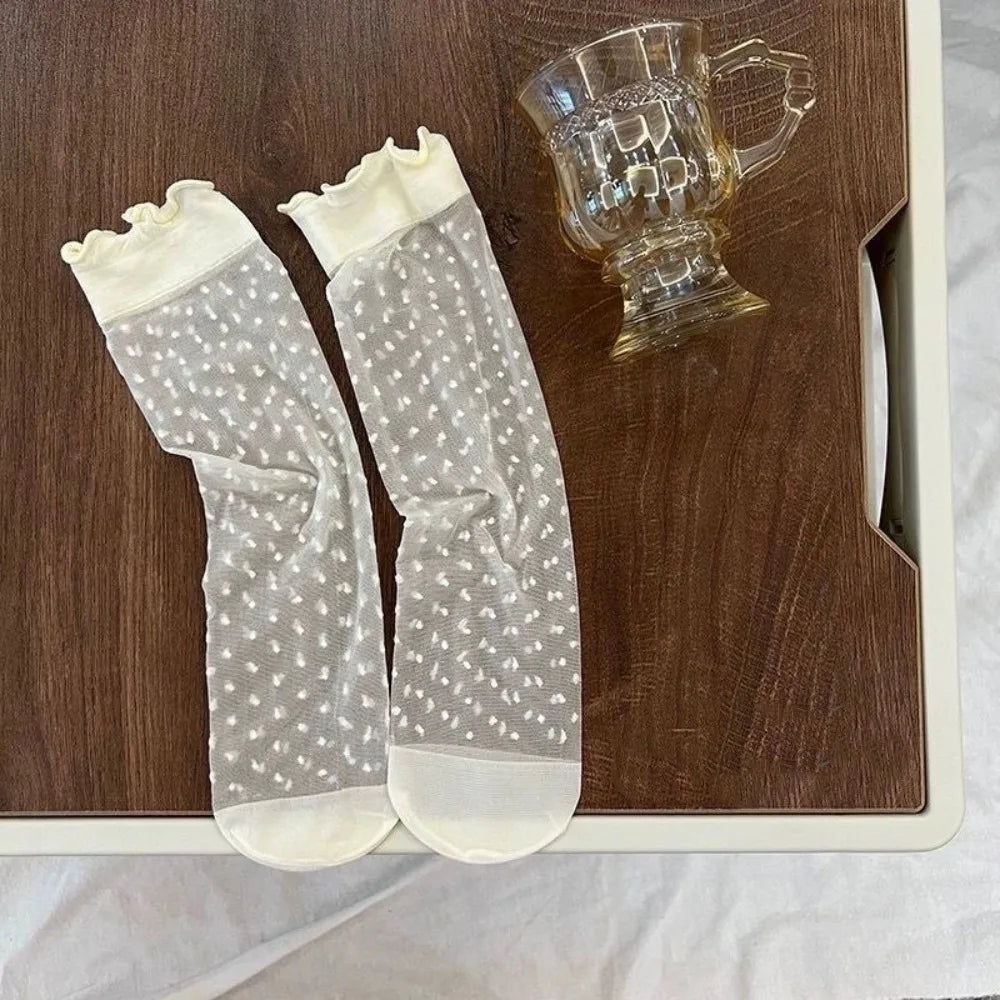 Ruffled Lace Transparent Socks – Ice Silk Mesh Ultra-Thin Lolita Lace Fashion Socks Axl Dot One Size
