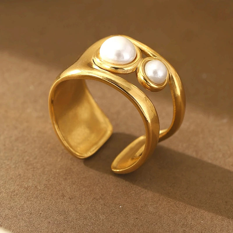 Huitan Gold Double Layer Imitation Pearl Statement Ring for Women Fashion Statement Ring Axl