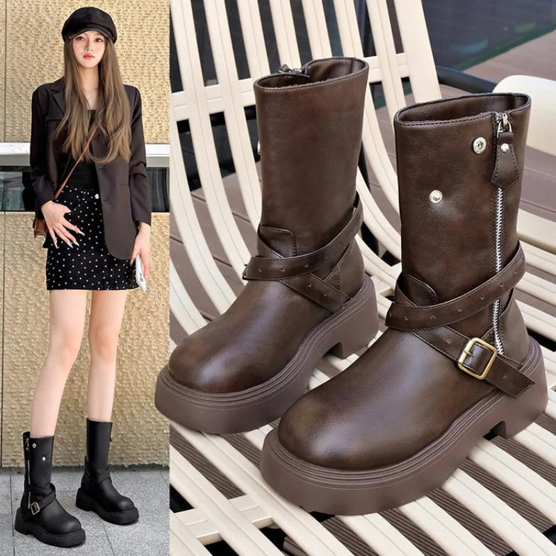 Women's Retro Mid-Calf Boots – Buckle Strap Round Toe Women's Mid-Calf Boots Axl