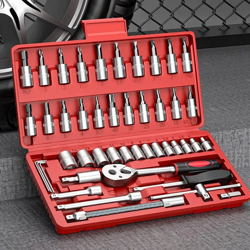46-Pc Mechanic Tool Kit – 1/4" Ratchet Wrench & Socket Set Mechanic Tool Kit Axl