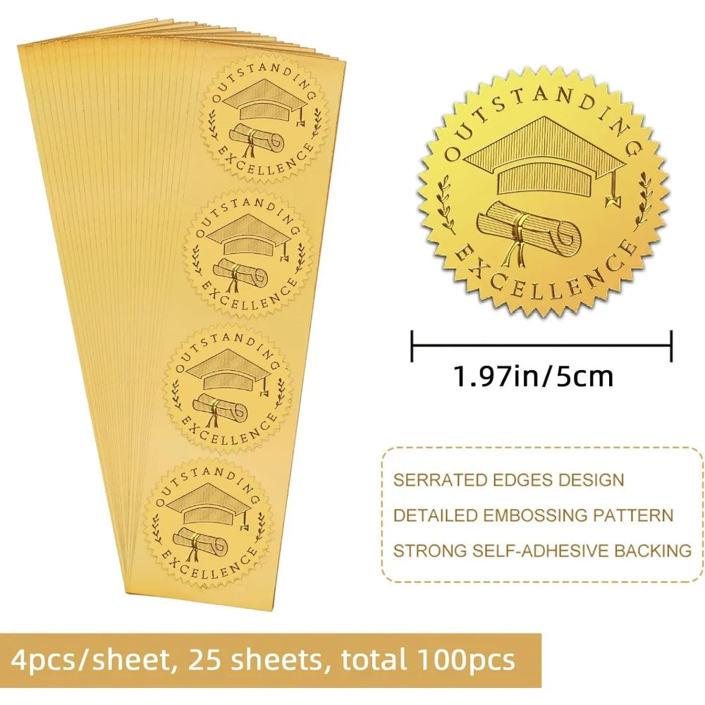 100pc Gold Foil Embossed Graduation Certificate Seal Stickers 2" Certificate Seal Stickers Axl