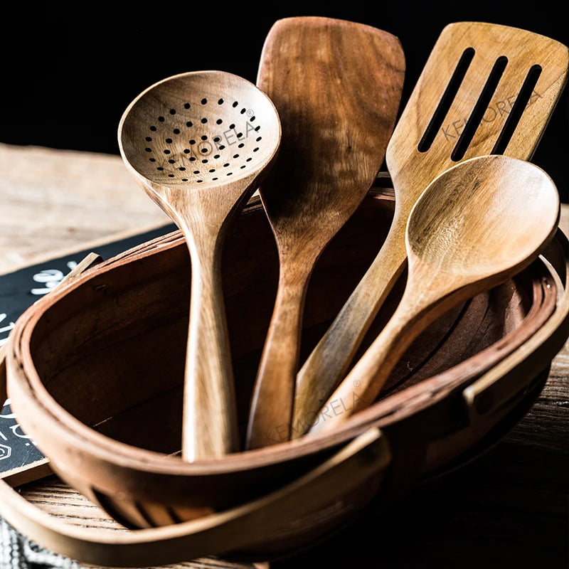 9-Piece Teak Wooden Kitchen Utensils Set with Holder Kitchen Utensil Set Axl