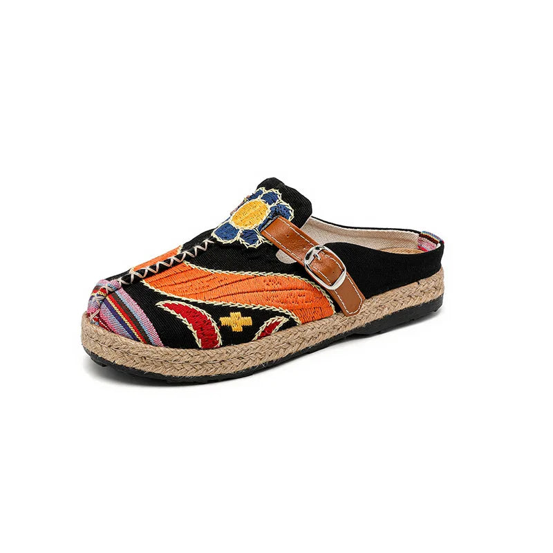 Women's Embroidered Linen Mule Slippers – Flat Ethnic Sandals Mule Slippers Axl Black 37