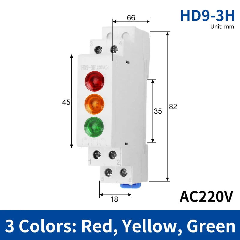 HD9 DIN Rail LED Signal Indicator Light 9mm 18mm 220V – 4 Colors LED Indicator Light Axl 3H-Red-Yellow-Green