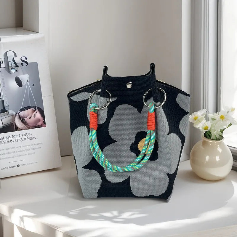 Women's Knit Bucket Handbag – Floral Fabric & Metal Clasp Bucket Handbag Axl black grey flower