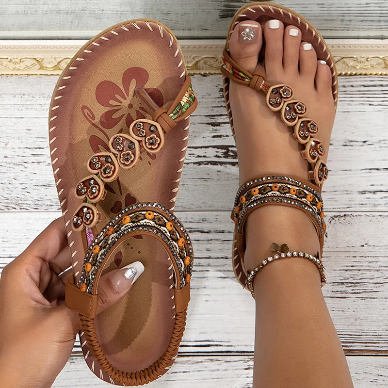 HAJINK Women's Bohemian Sandals – Beaded Low Heel Beach Flats Women's Sandals Axl