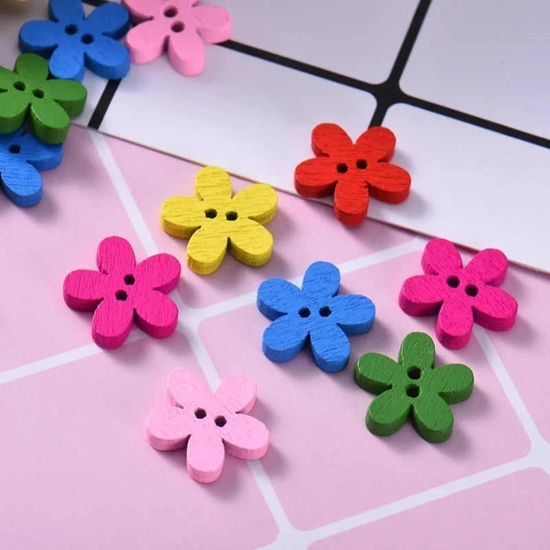 100 Pcs Flower Wooden Buttons 14x15mm – Mixed Color 2-Hole Wooden Craft Buttons Axl