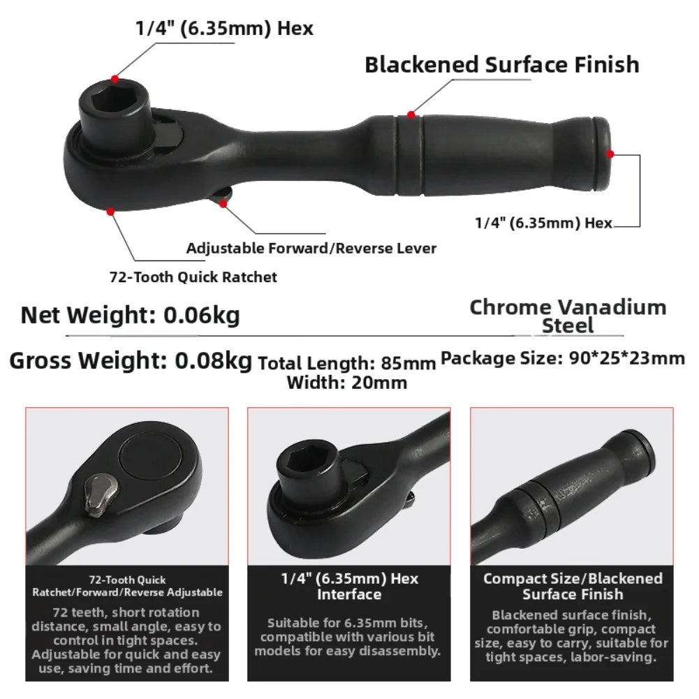 72-Tooth Mini Ratchet Wrench – 1/4" Hex Socket Hand Tool Mini Ratchet Wrench Axl