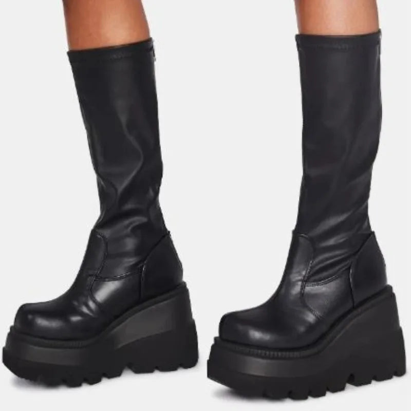 Women's Punk Platform Mid-Calf Boots – Gothic Wedge Motorcycle Platform Motorcycle Boots Axl