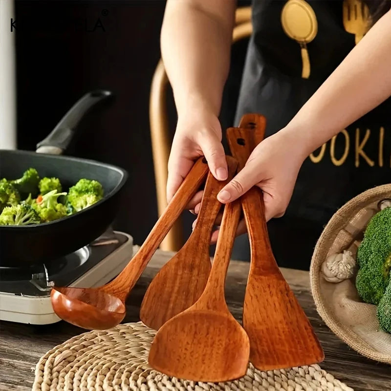Teak Wood Kitchen Utensils – Spoon, Ladle & Skimmer Set Wooden Kitchen Utensil Axl