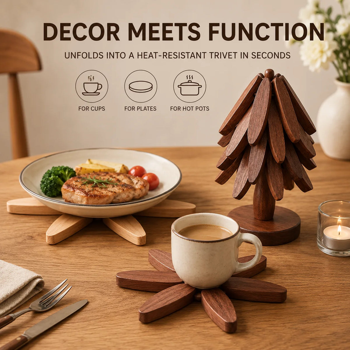 Uwhise Wooden Tree Trivet Set – Foldable Heat-Resistant Mat 3/5 Pc Wooden Trivet Set Axl