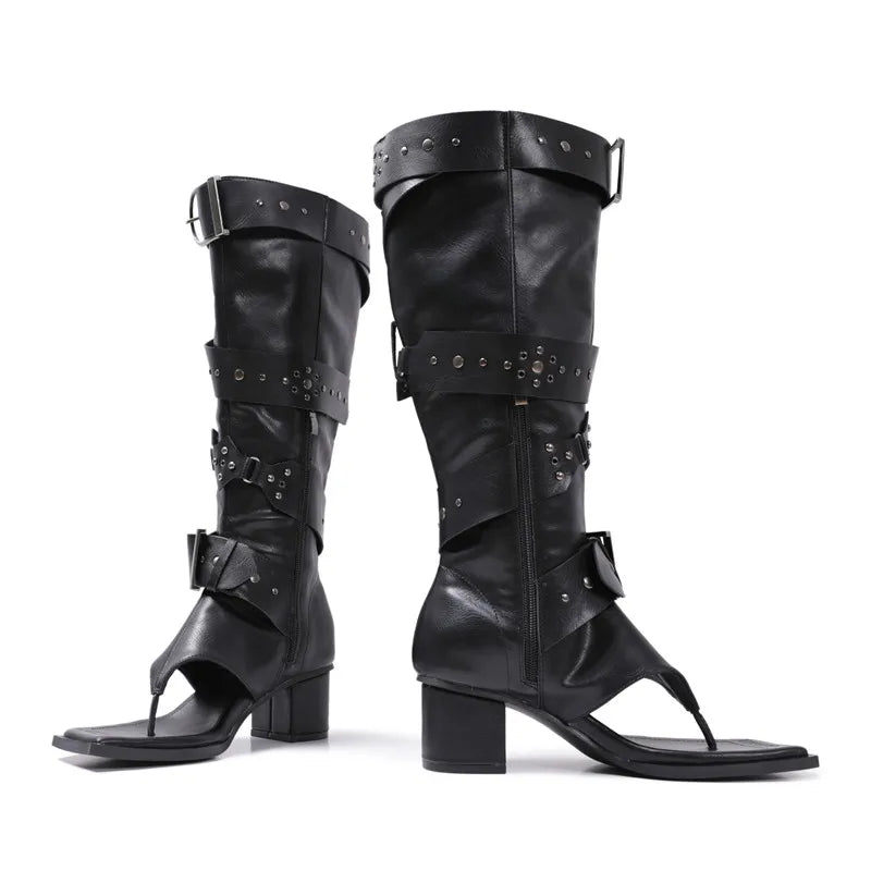 Women's Punk Knee High Boots – Rivet Buckle Square Toe Heels Knee High Boots Axl