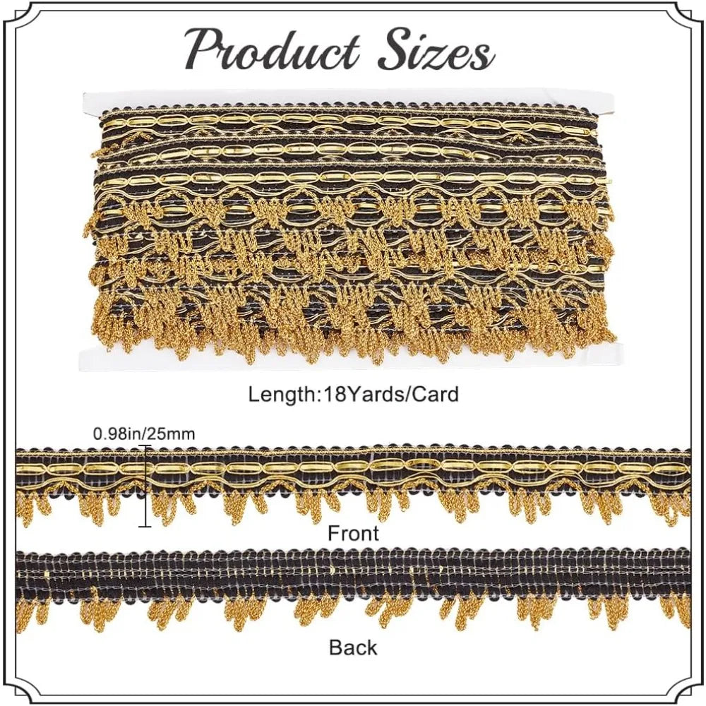 18 Yards Black & Gold Metallic Lace Ribbon Trim | Upholstery Decorative Ribbon Trim Axl