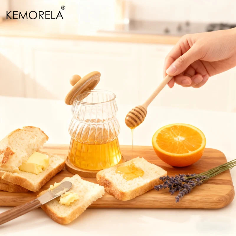 KEMORELA Glass Honey Jar Set with Wooden Stir Stick & Lid Glass Storage Jar Set Axl