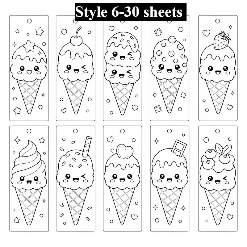 30-Pc Kawaii Summer Beverage DIY Coloring Bookmarks Set DIY Coloring Bookmarks Axl Style 7-30 sheets