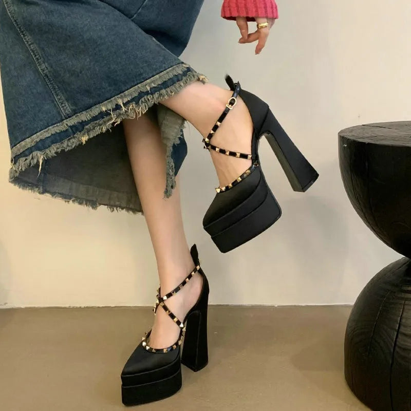 Women's Satin Rivet Platform Pumps | Pointed Toe High Heels Platform Heel Pumps Axl