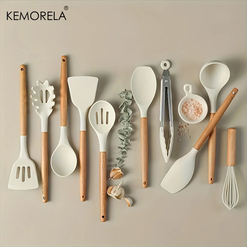 KEMORELA 10-Pc Silicone Cooking Utensils Set – Wood Handle Cooking Utensil Set Axl