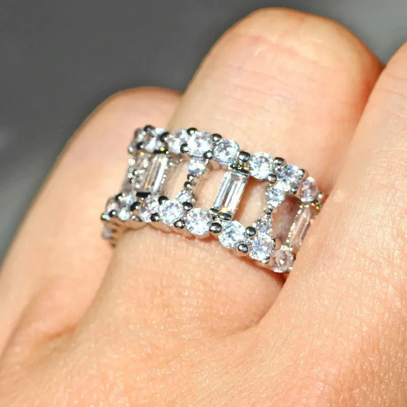 Huitan Hollow Band CZ Ring – Trendy Women's Crystal Jewelry Fashion Ring Axl