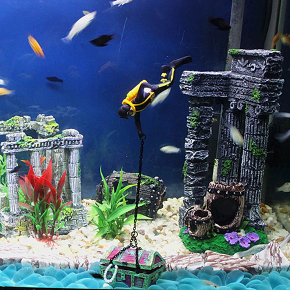 Aquarium Diver & Treasure Chest Fish Tank Ornament Decoration Aquarium Ornament Axl