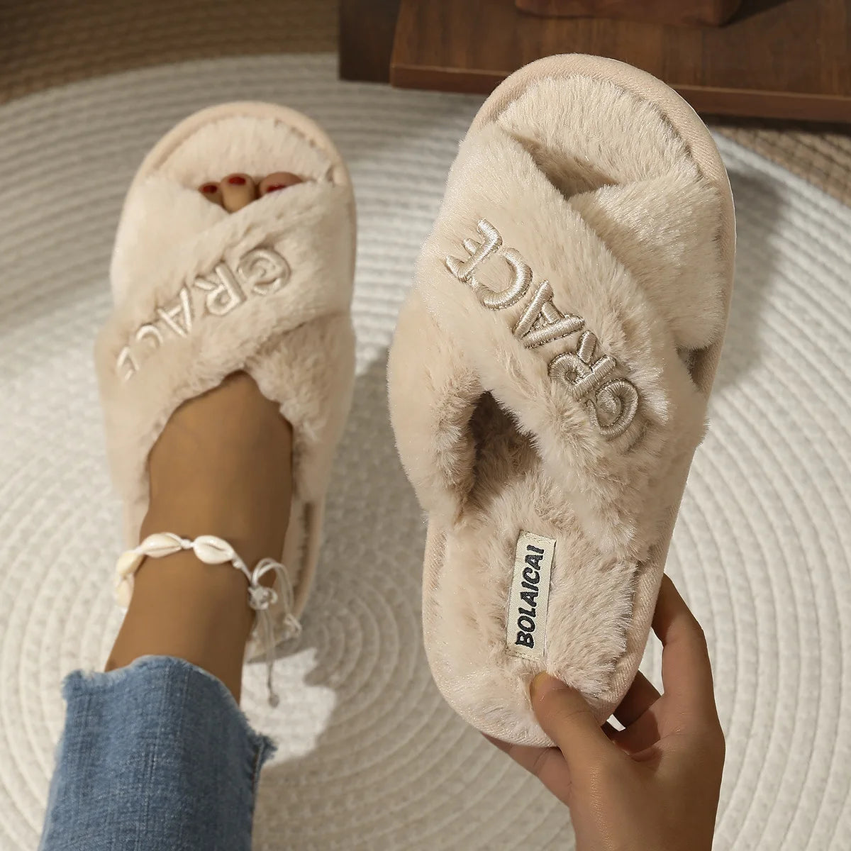 Women's Faux Fur Fluffy Slides – Custom Name Letter Slippers Faux Fur Slides Axl Khaki 36-37