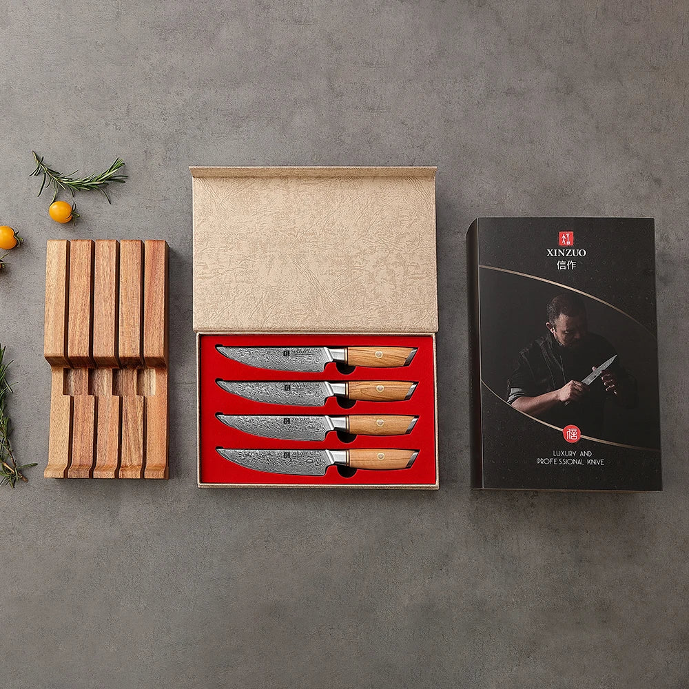 XINZUO 5-Pc Damascus Steak Knife Set | Olive Wood & Acacia Tray Steak Knife Set Axl